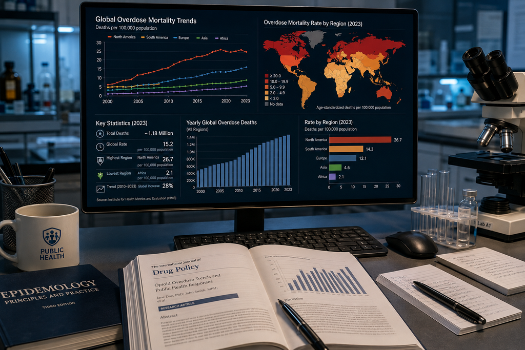 25 Tahun Hari Kesadaran Overdosis Sedunia: Ini Faktanya 4 Grafik data tren epidemiologi kematian akibat overdosis obat global menurut laporan CDC dan Penington Institute.