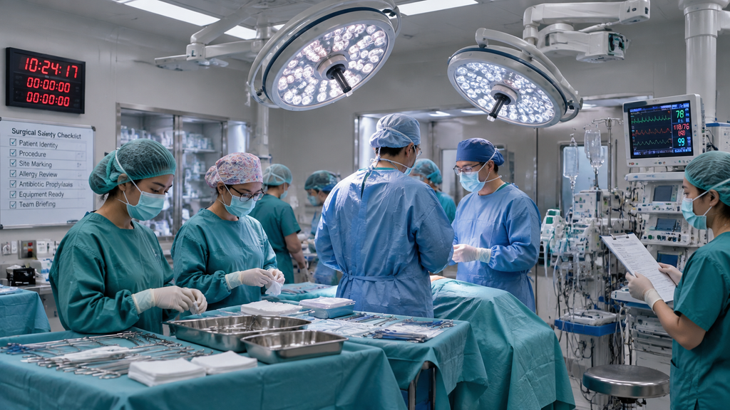 Tim dokter spesialis dan perawat bedah bersiap di dalam ruang operasi dengan standar keselamatan ketat.