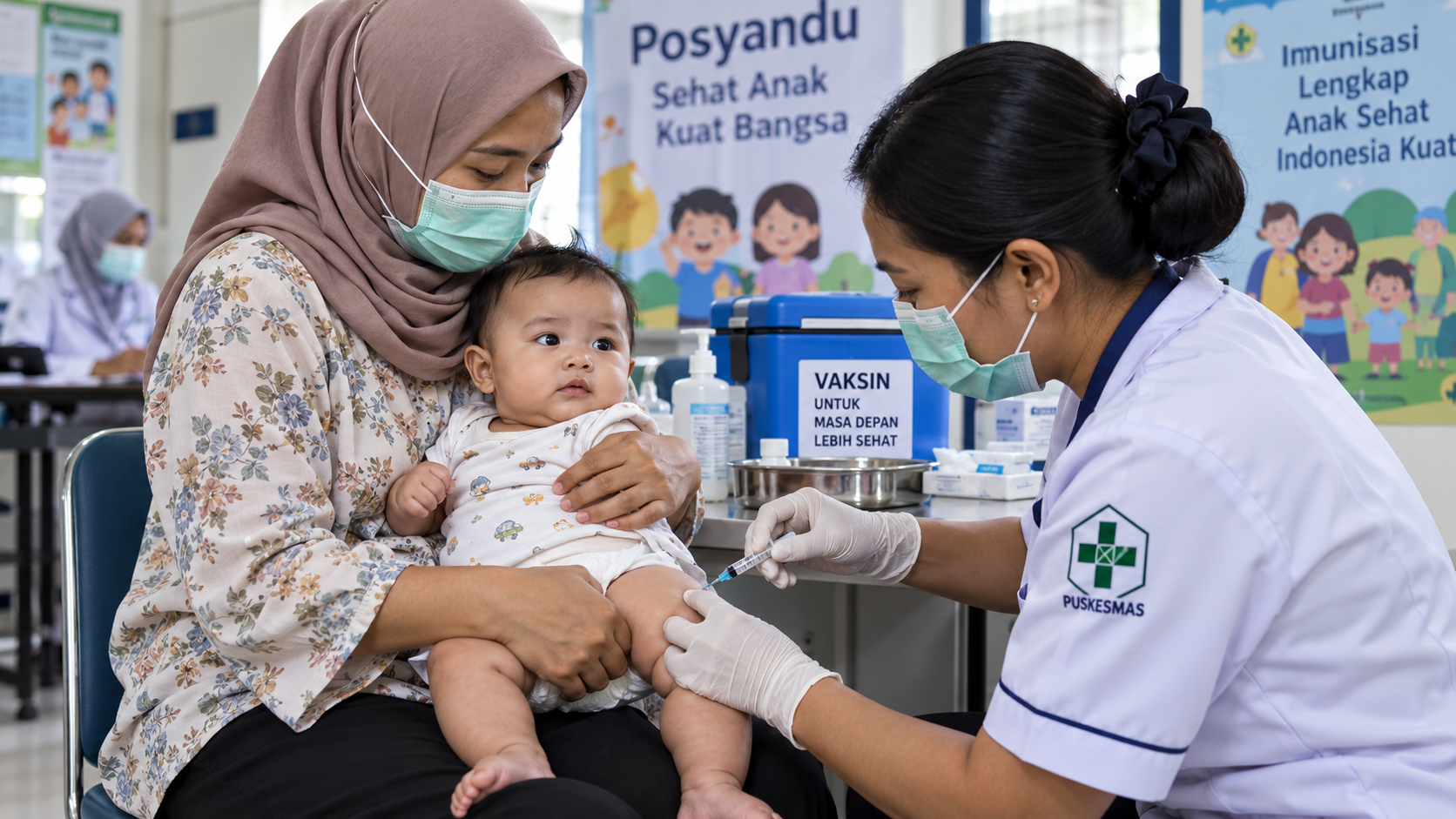 Asap Karhutla Picu 277 Ribu Kasus ISPA, Jangan Abaikan Gejala Anak 12 Petugas medis menyuntikkan vaksin imunisasi rutin kepada bayi di puskesmas untuk menjaga kekebalan tubuh meski sedang musim kabut asap.