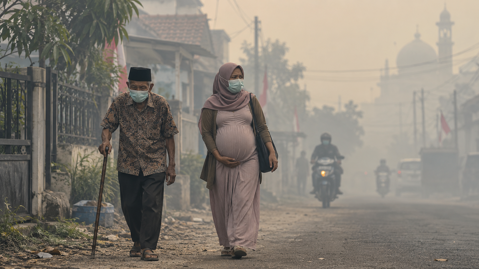 Asap Karhutla Picu 277 Ribu Kasus ISPA, Jangan Abaikan Gejala Anak 6 Lansia penderita asma dan ibu hamil berjalan perlahan mengenakan masker di tengah kabut asap yang menyelimuti permukiman.