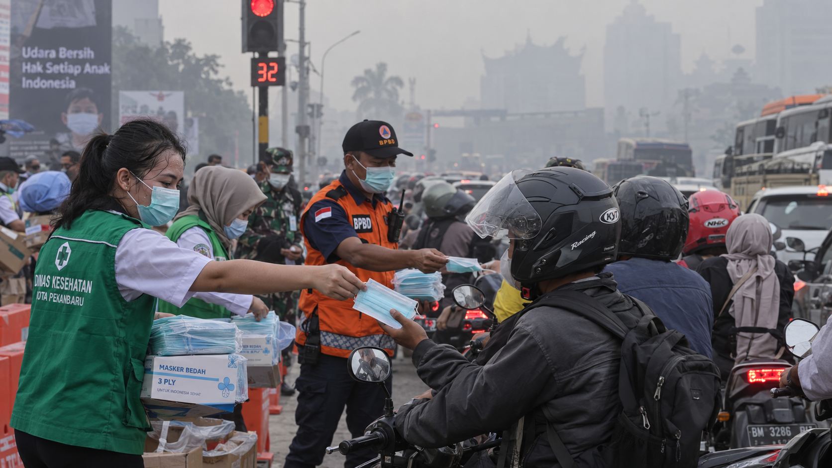 Asap Karhutla Picu 277 Ribu Kasus ISPA, Jangan Abaikan Gejala Anak 10 Petugas kesehatan dan BPBD membagikan ribuan masker gratis kepada pengendara motor di jalan raya yang tertutup kabut asap.