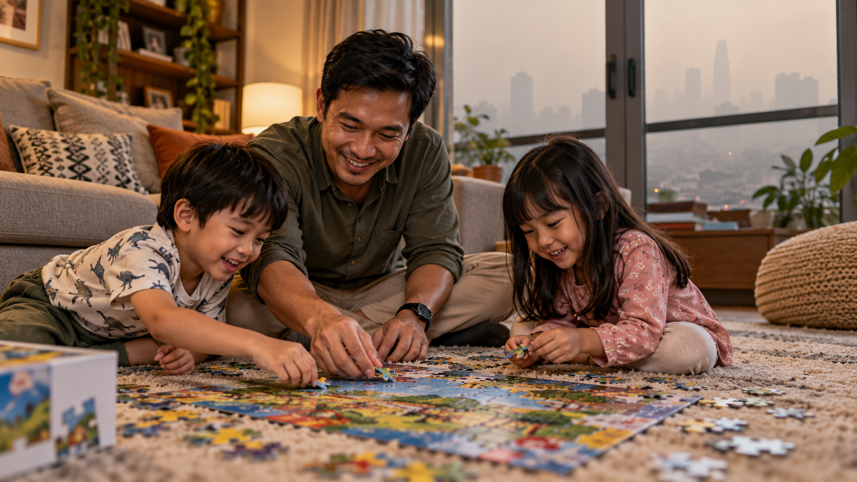 Asap Karhutla Picu 277 Ribu Kasus ISPA, Jangan Abaikan Gejala Anak 11 Keluarga mengalihkan kebosanan anak dengan bermain puzzle di dalam ruang tamu tertutup akibat larangan aktivitas luar ruangan.